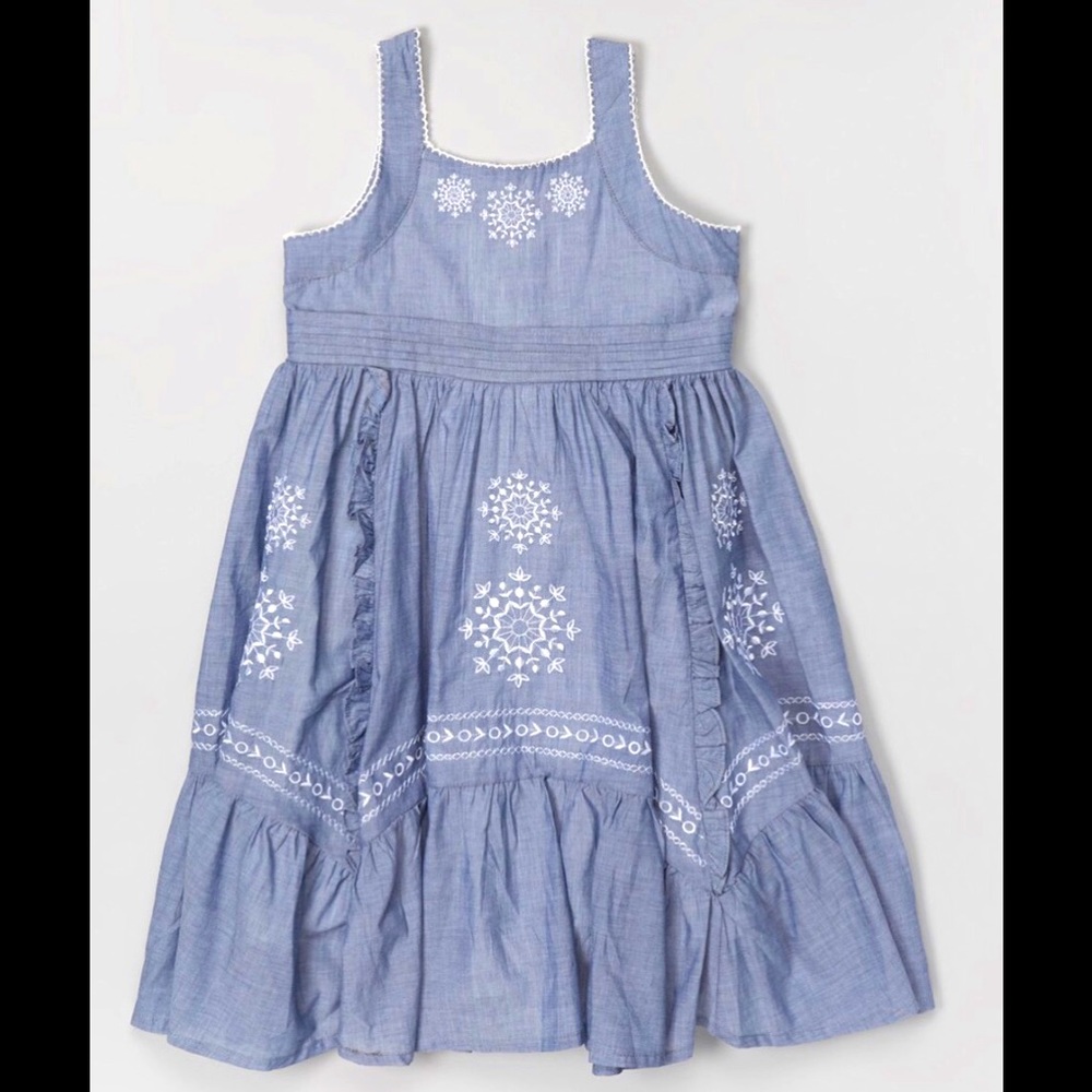 Blue Chambray Embroidered Girls Babydoll Dress